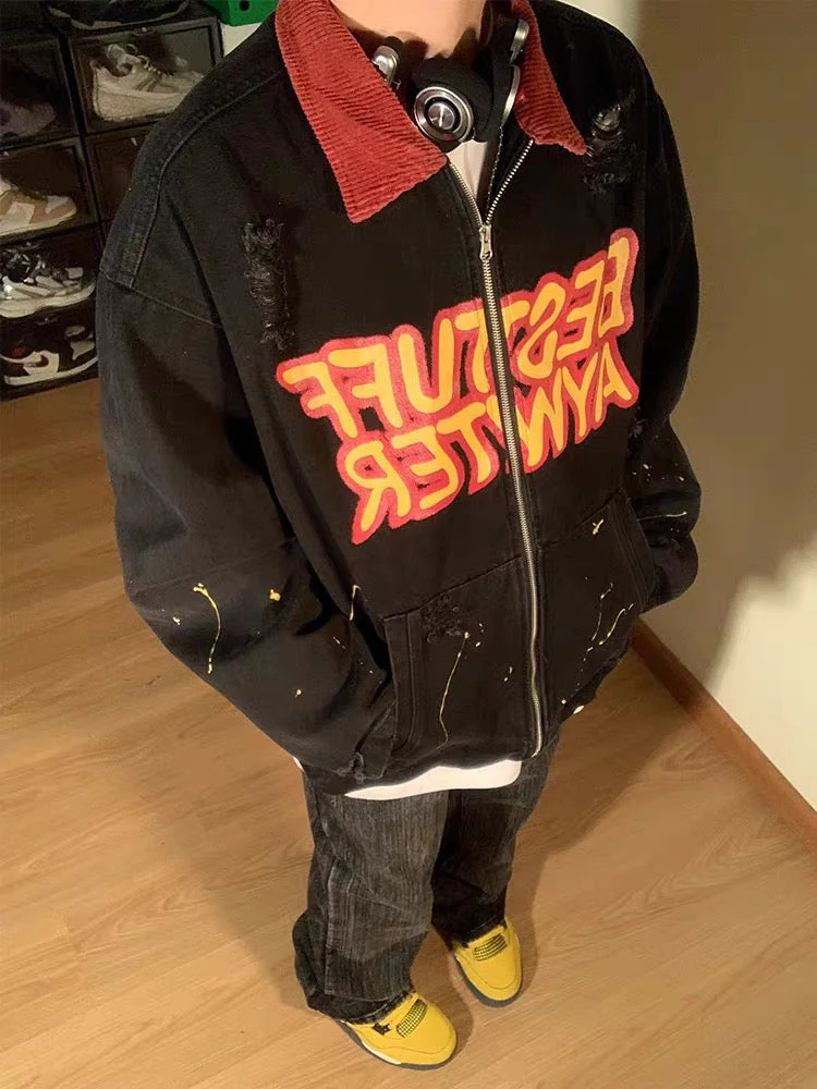 Thesupermade Retro Patchwork Letter Denim Jacket - 2117 - Image 6