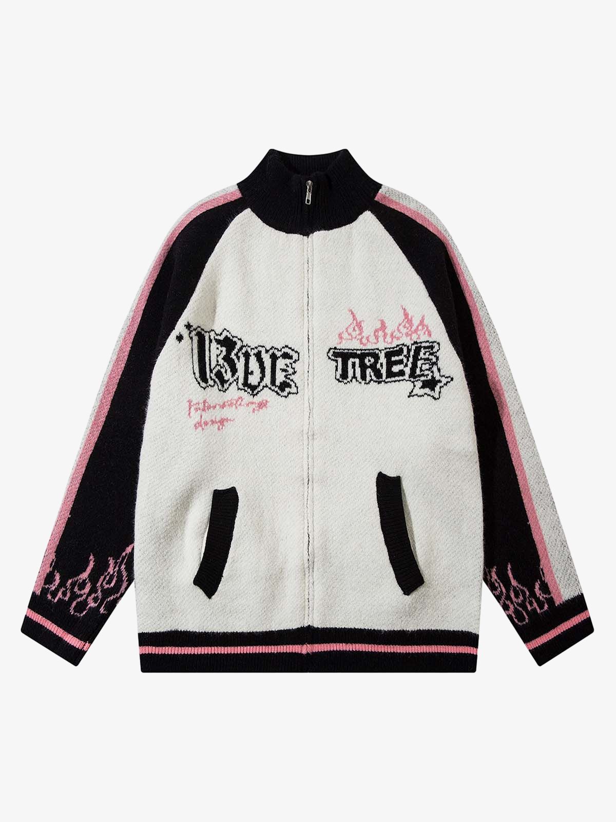 Thesupermade Contrast Color Jacquard Mock Neck Zipper Sweater - Image 3