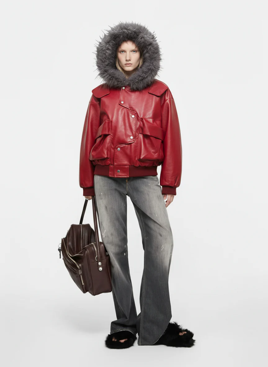 Deconstructed Multi Pocket Fur Hooded PU Leather Jacket - Image 3