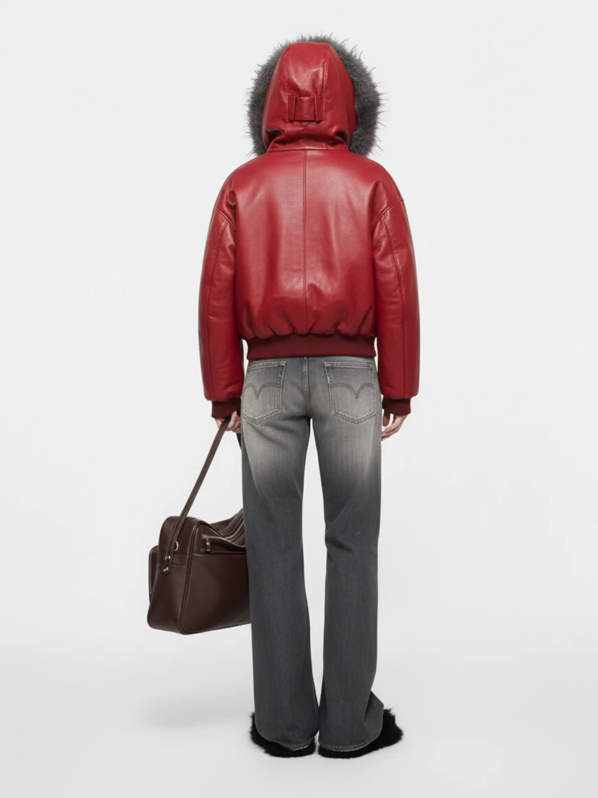 Deconstructed Multi Pocket Fur Hooded PU Leather Jacket - Image 4