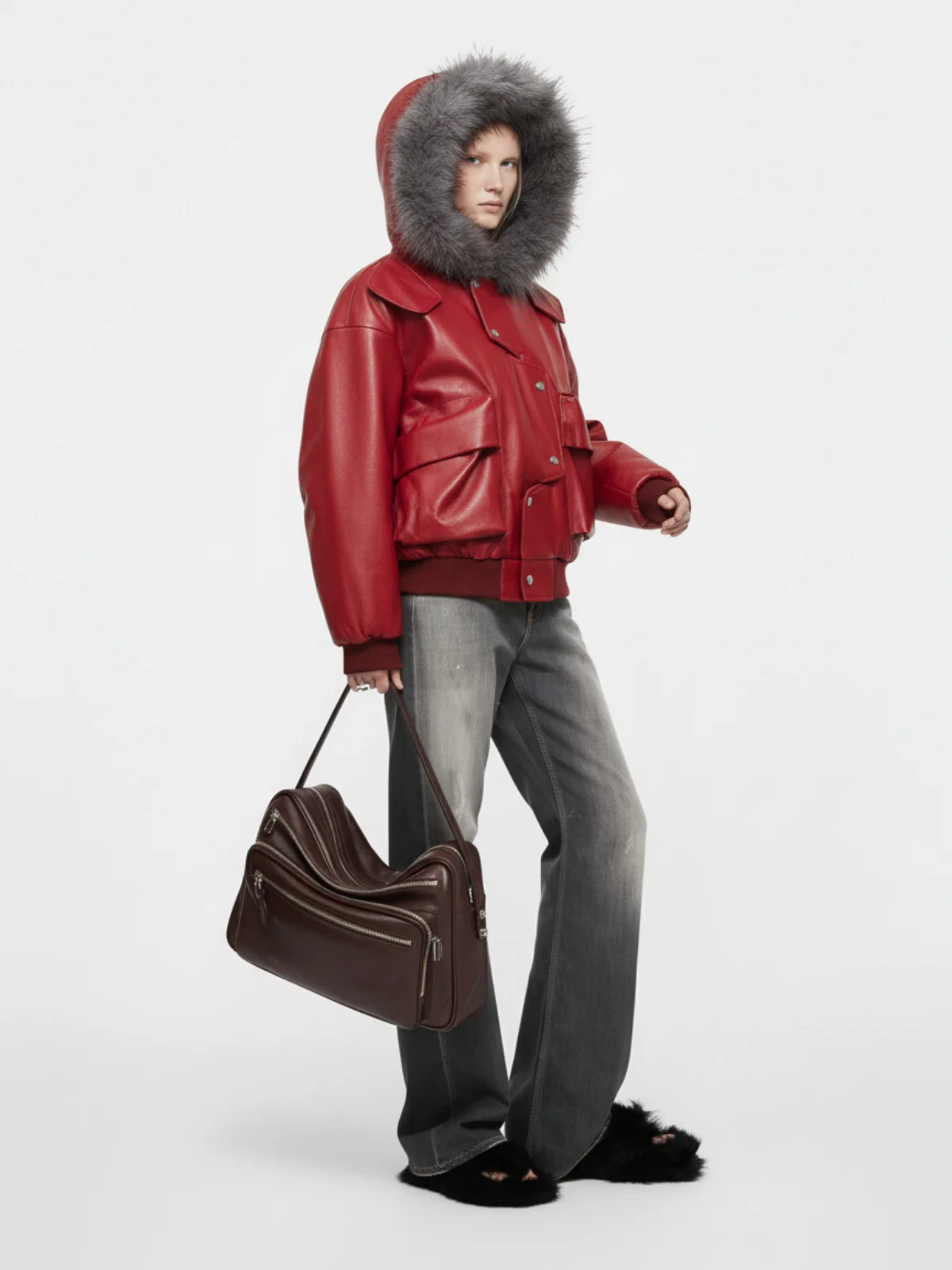 Deconstructed Multi Pocket Fur Hooded PU Leather Jacket - Image 5