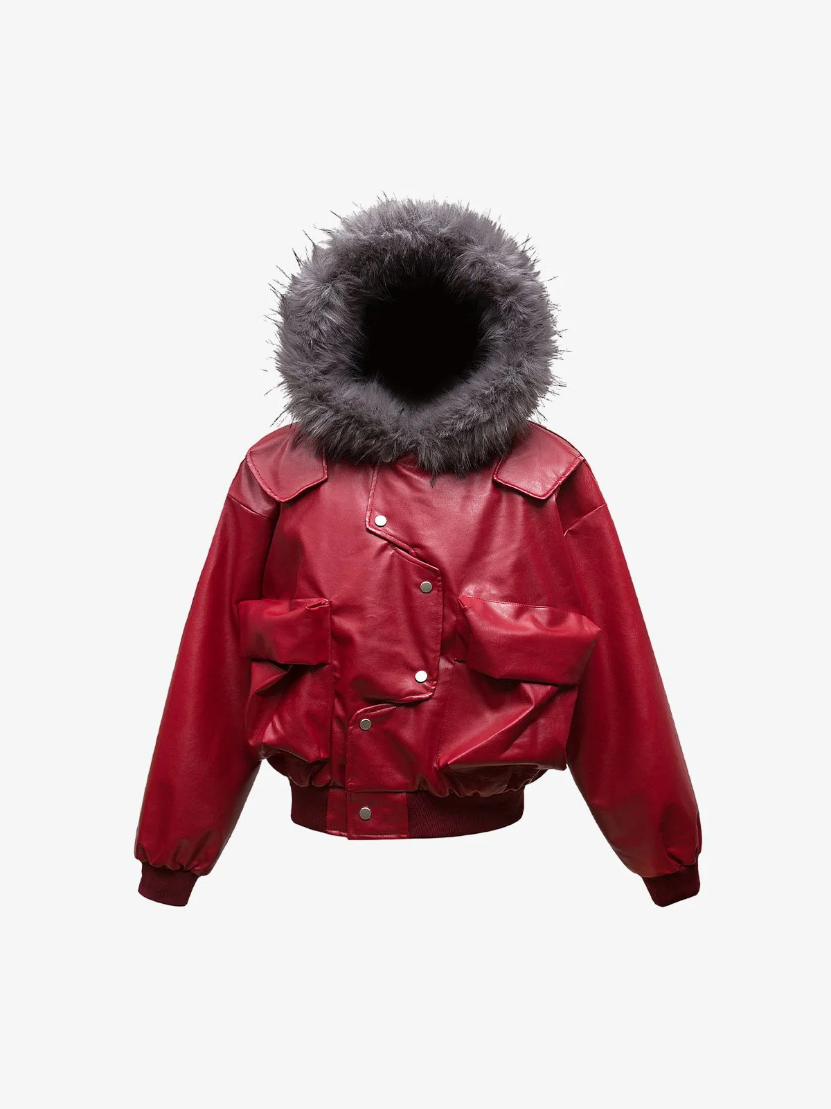 Deconstructed Multi Pocket Fur Hooded PU Leather Jacket - Image 6