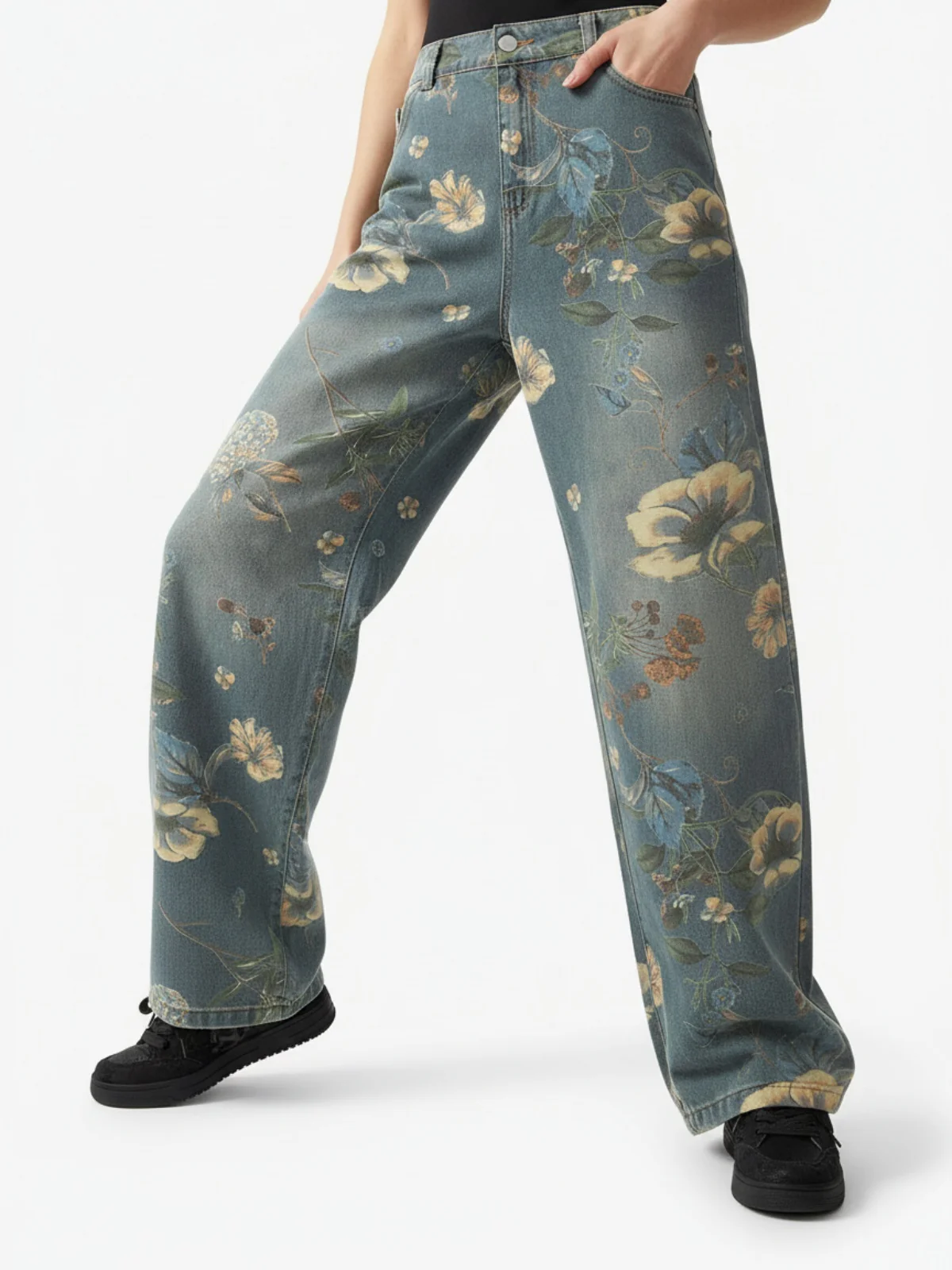 Denim Floral Print Carpenter Jeans - 2237 - Image 3