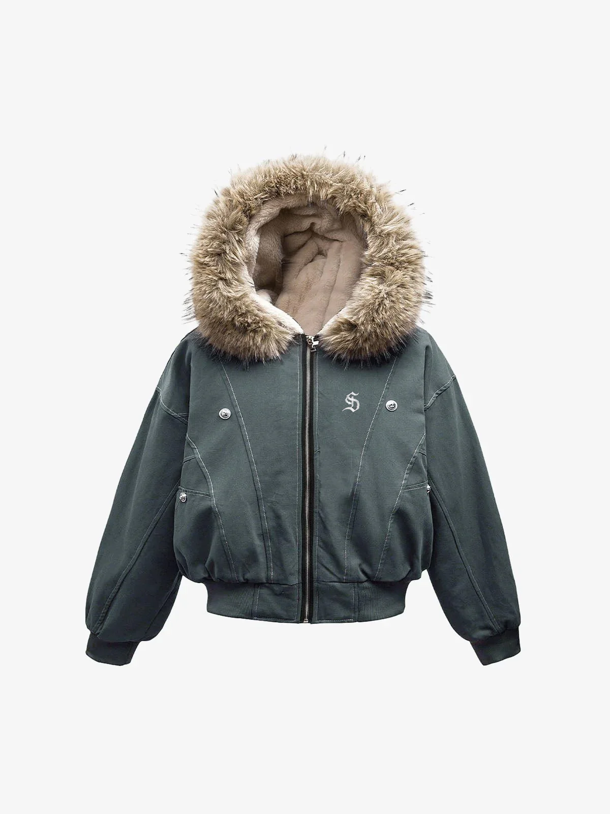 Faux Fur Lined Zip Up Hooded Bomber Jacket - Image 8