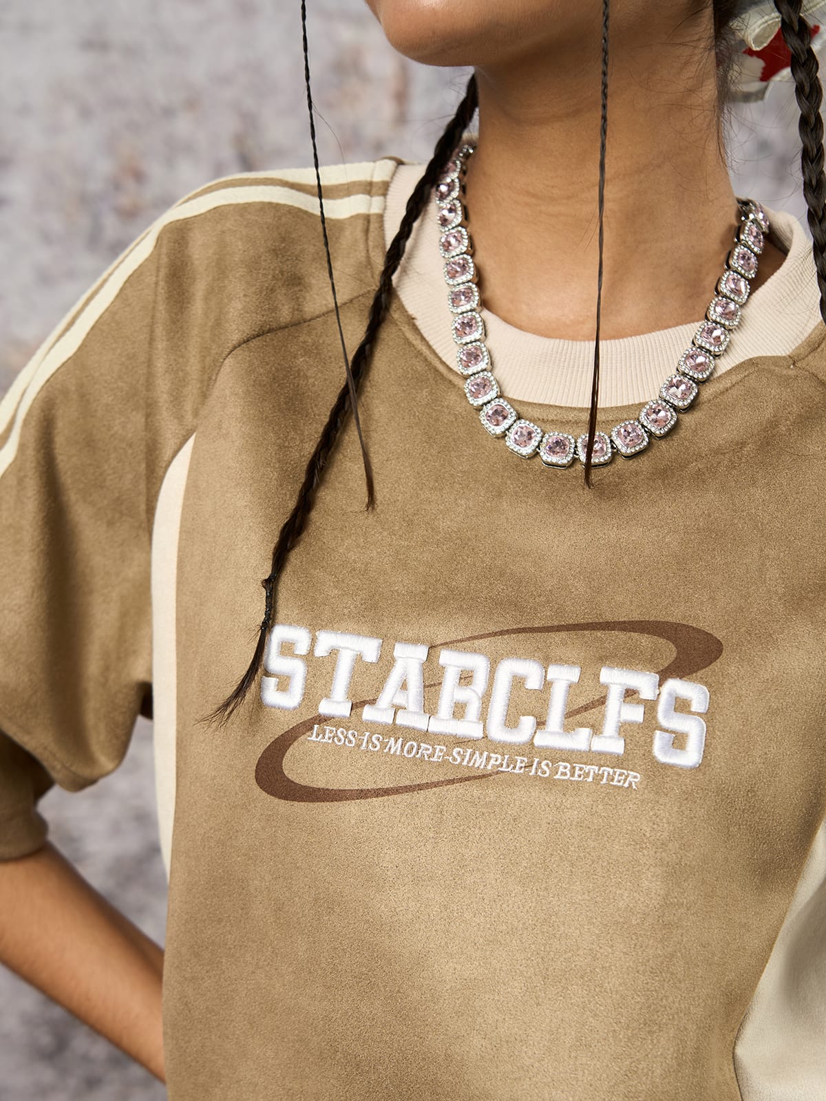 Suede Contrast Color Spliced Letter Embroidery Oversize T-shirt - 2462 - Image 12