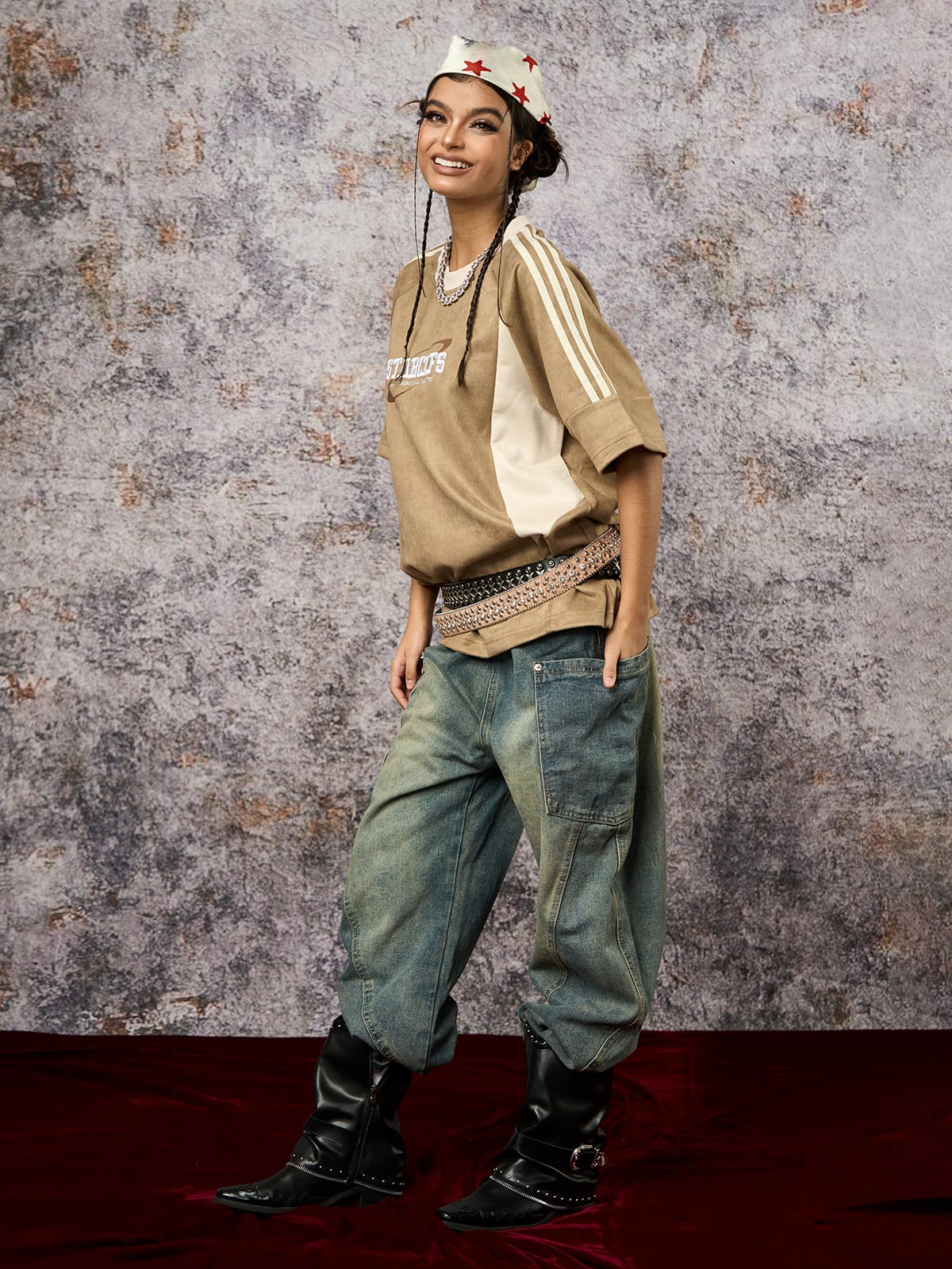 Suede Contrast Color Spliced Letter Embroidery Oversize T-shirt - 2462 - Image 14