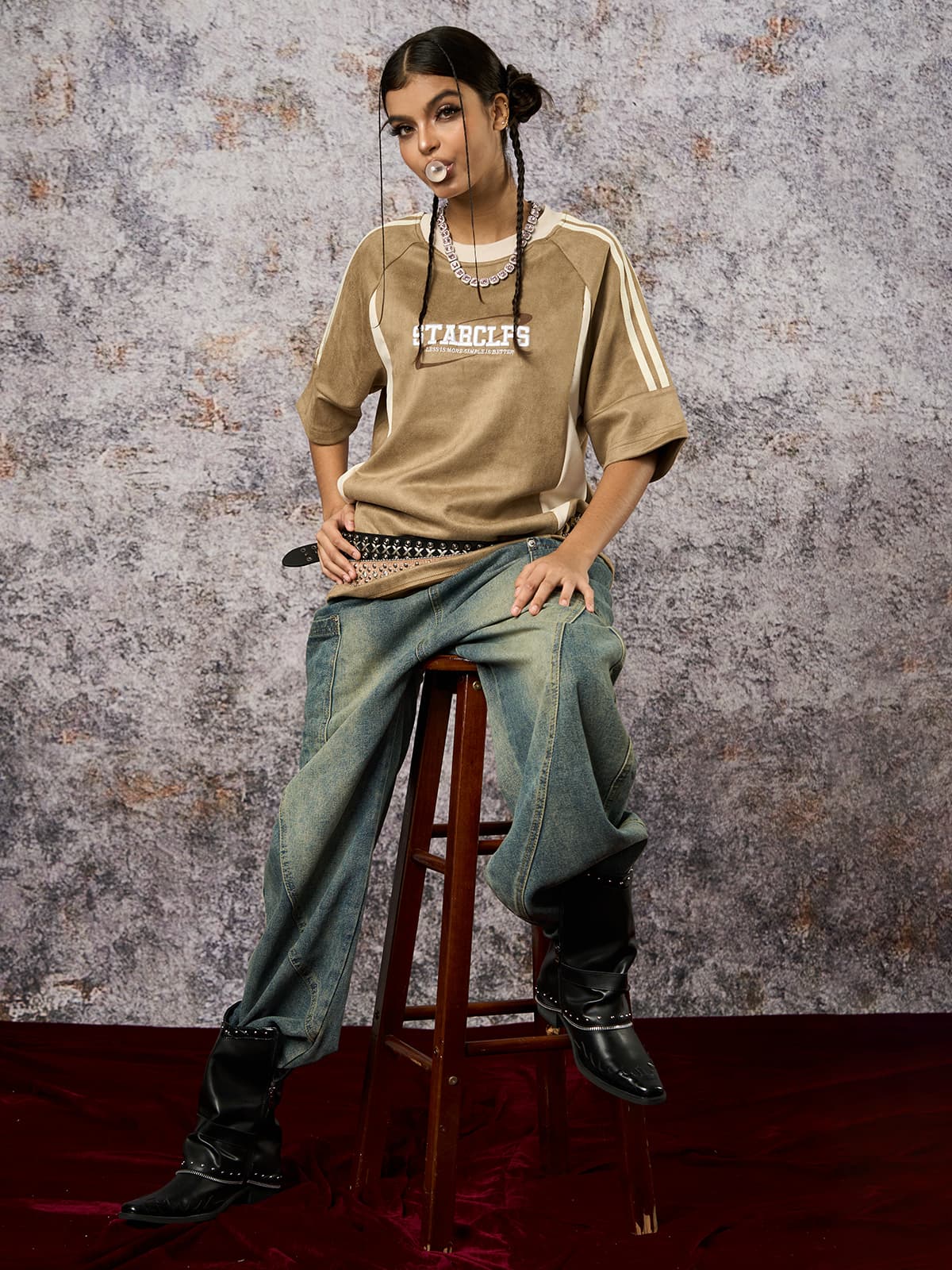 Suede Contrast Color Spliced Letter Embroidery Oversize T-shirt - 2462 - Image 19