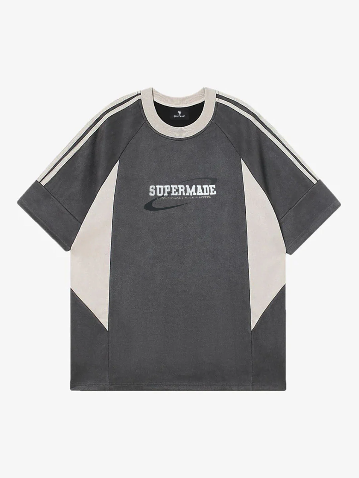 Suede Contrast Color Spliced Letter Embroidery Oversize T-shirt - 2462 - Image 3