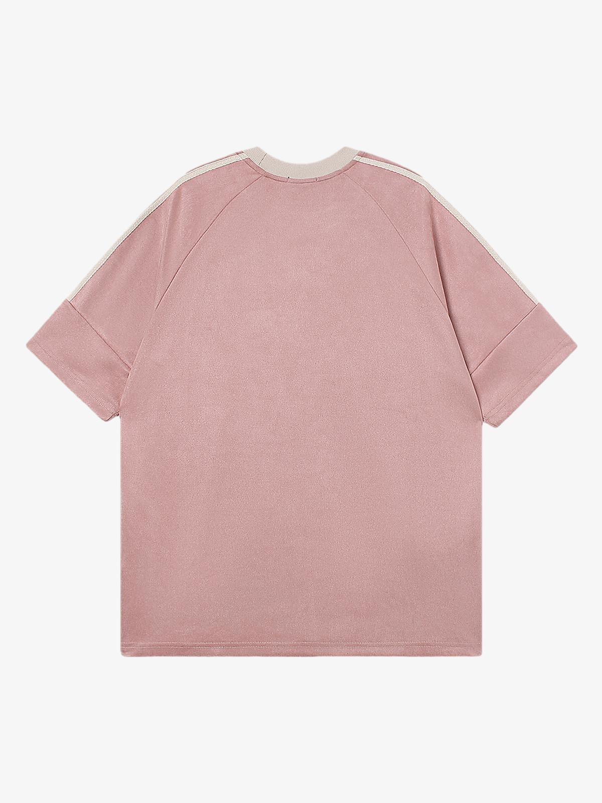 Suede Contrast Color Spliced Letter Embroidery Oversize T-shirt - 2462 - Image 5
