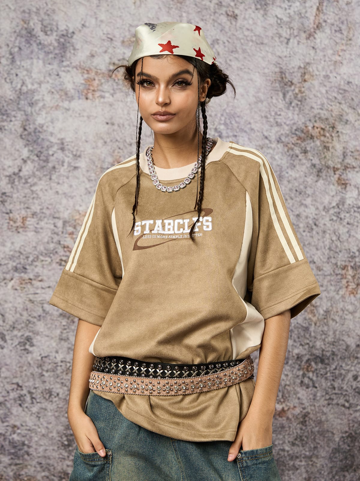 Suede Contrast Color Spliced Letter Embroidery Oversize T-shirt - 2462 - Image 7
