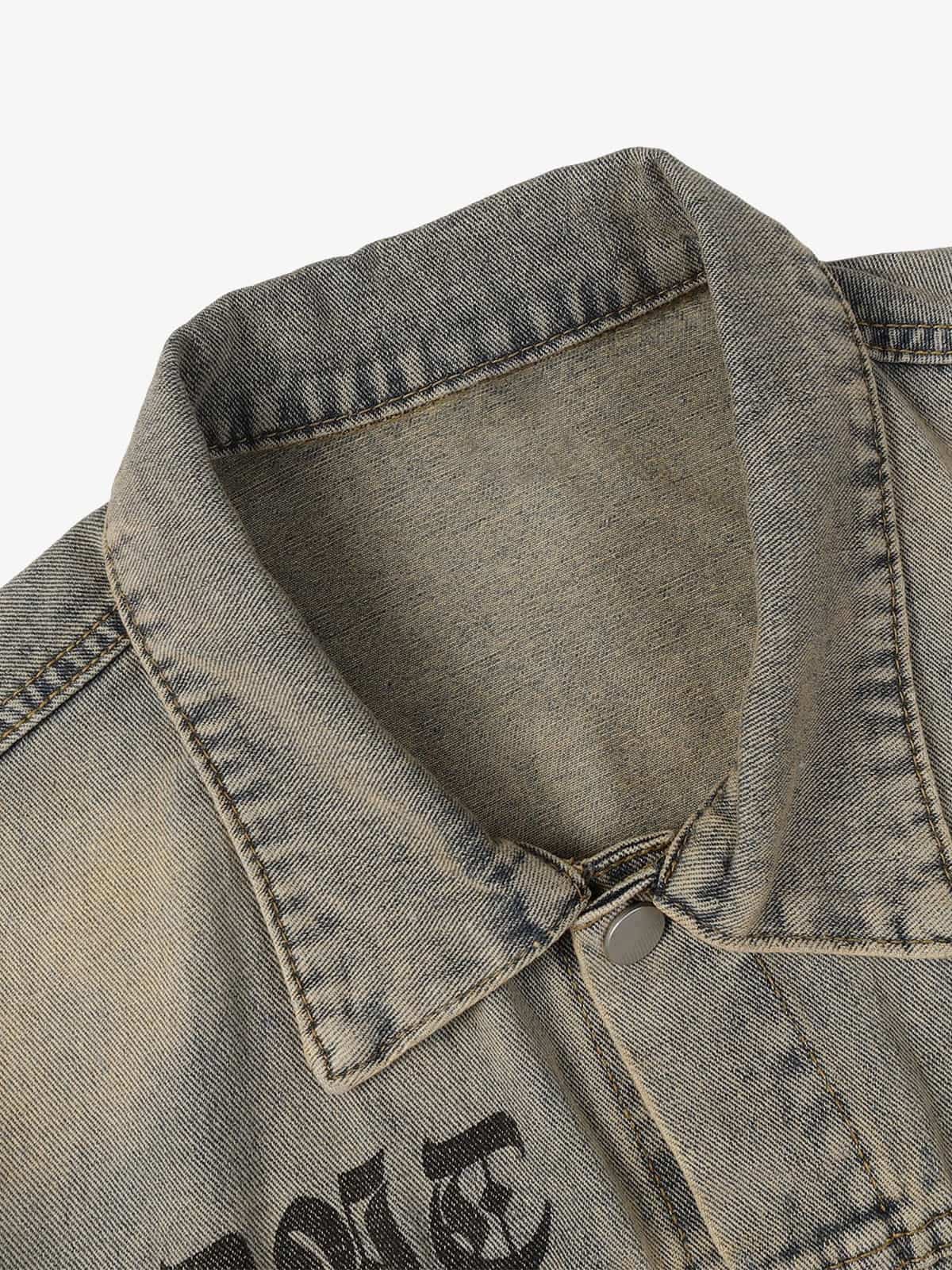 Washed Vintage Letter Print Denim Jacket - Image 3