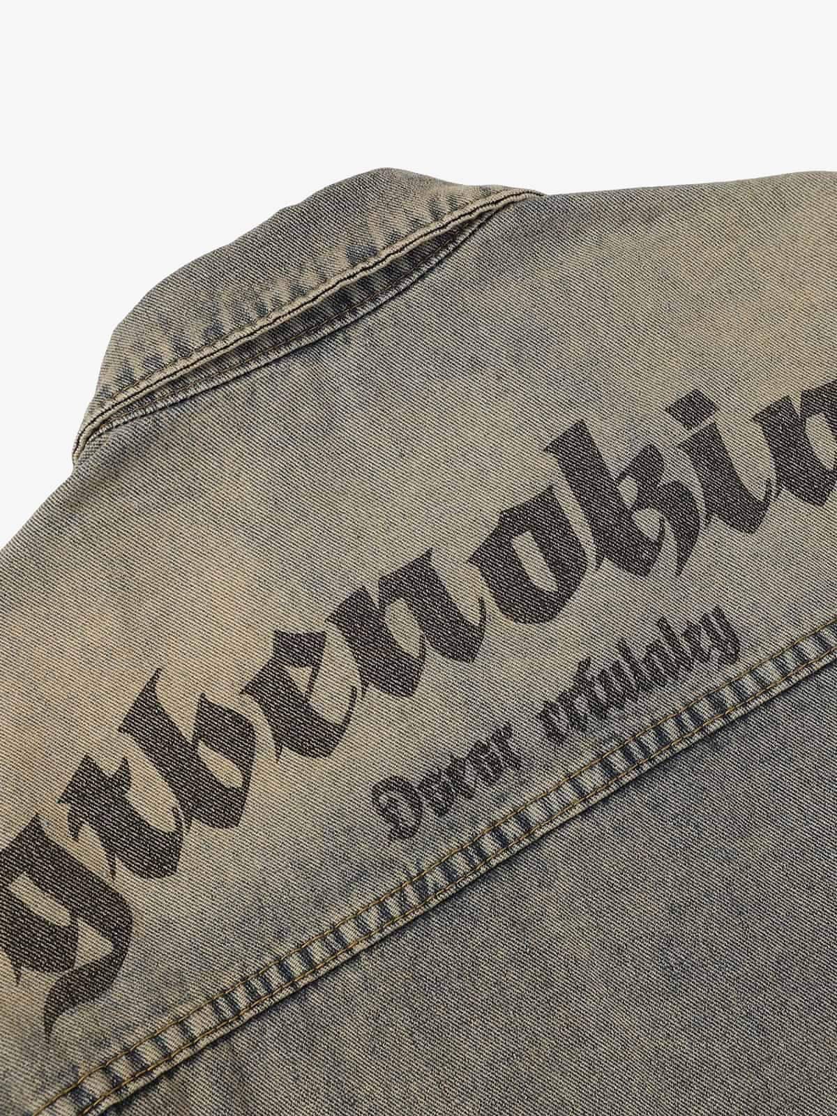 Washed Vintage Letter Print Denim Jacket - Image 4