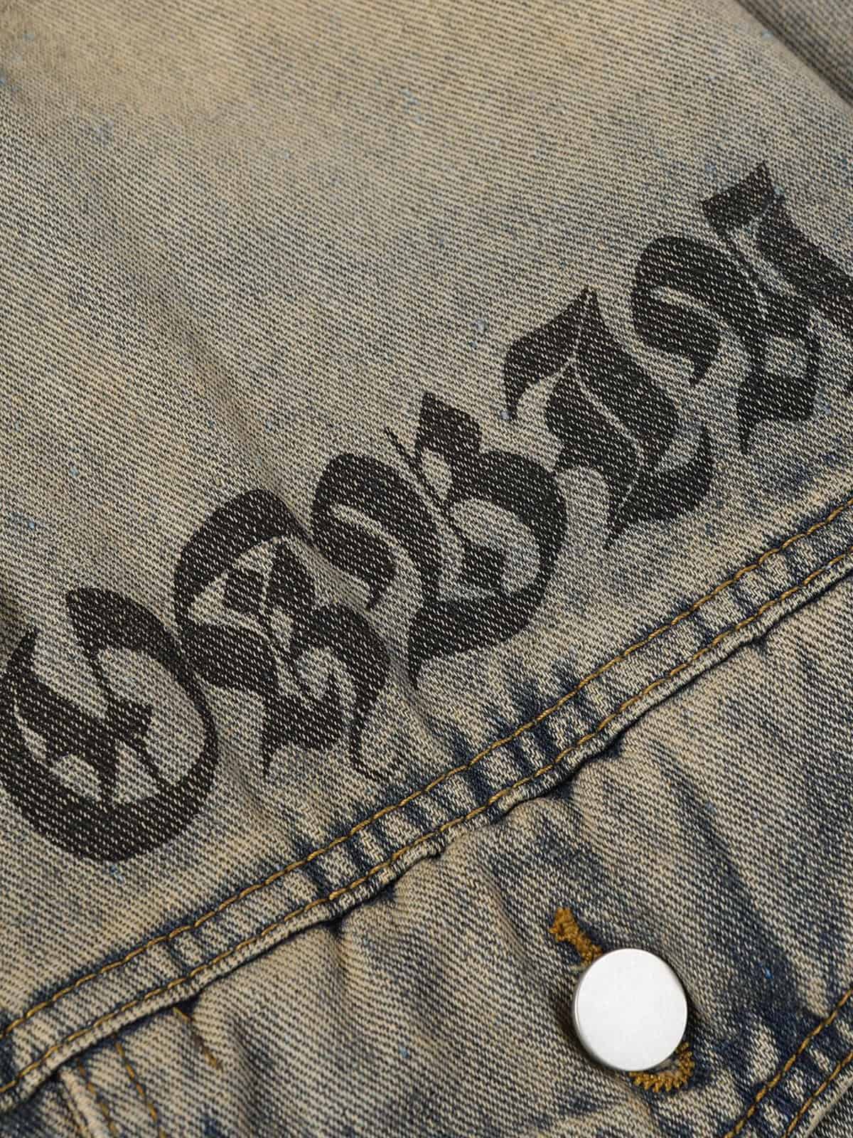 Washed Vintage Letter Print Denim Jacket - Image 5
