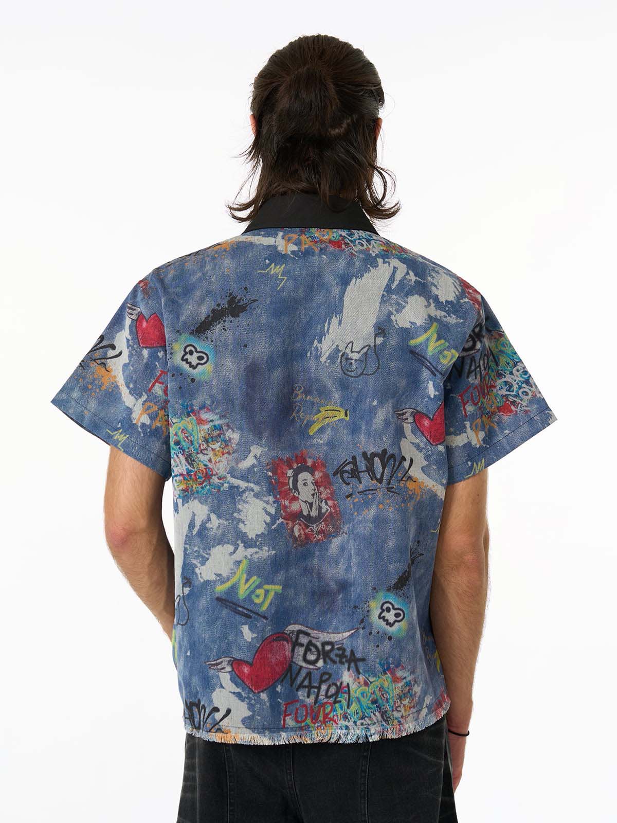 Tie-Dye Denim Graffiti Polo T-Shirt - Image 4