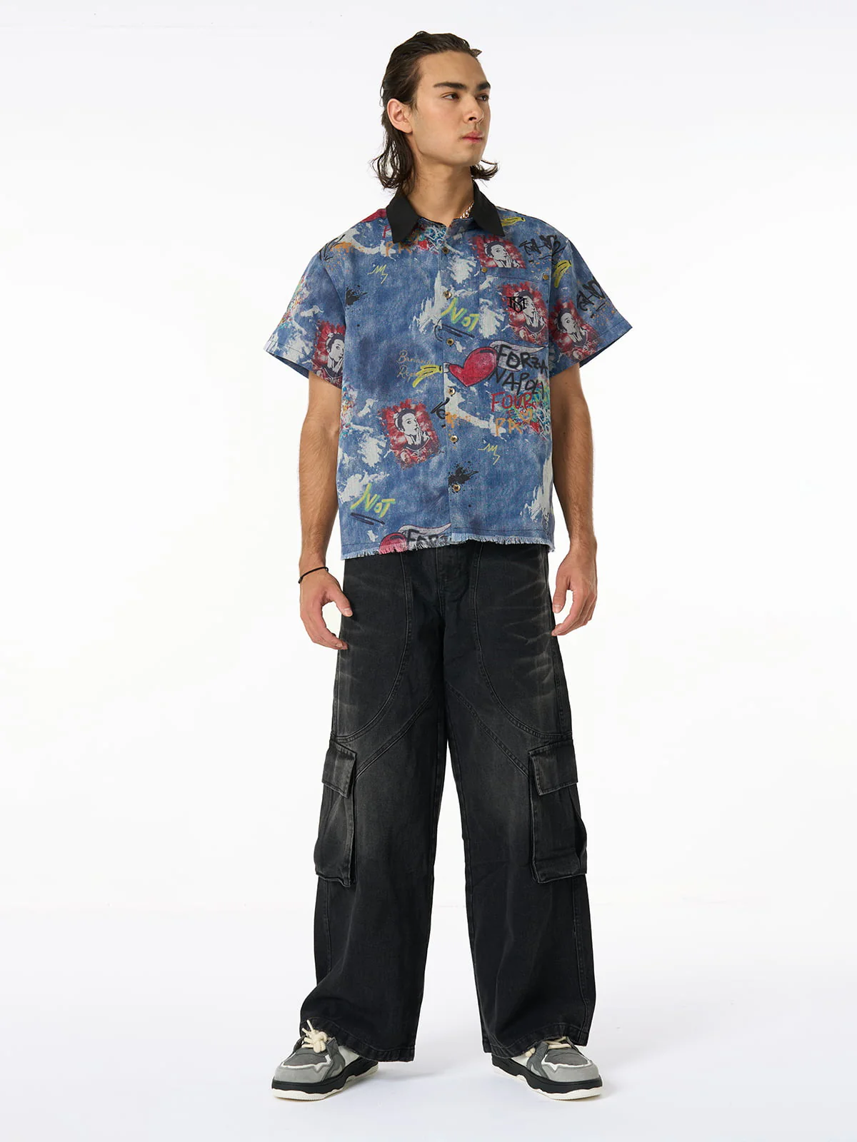 Tie-Dye Denim Graffiti Polo T-Shirt - Image 5