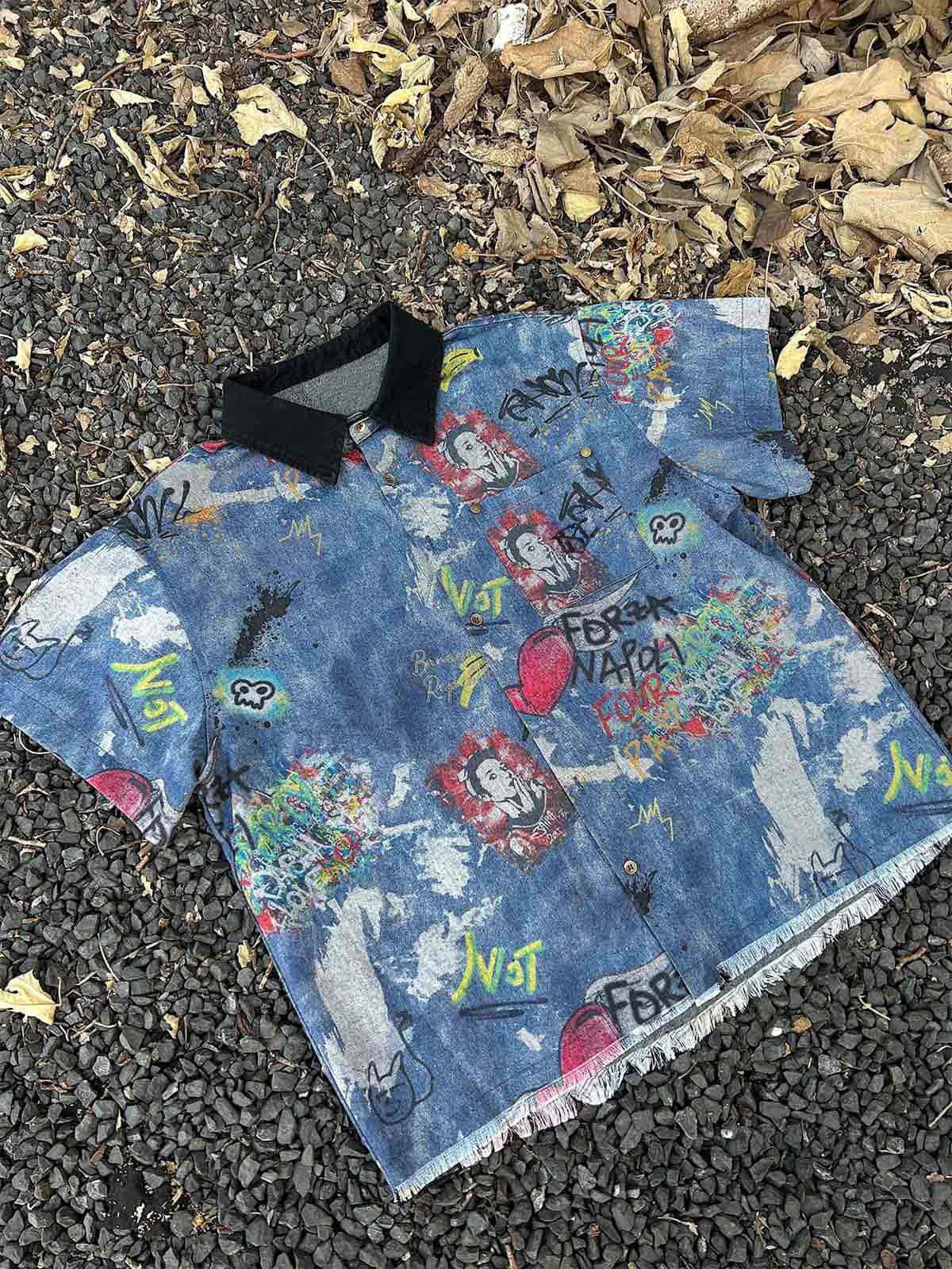 Tie-Dye Denim Graffiti Polo T-Shirt - Image 8