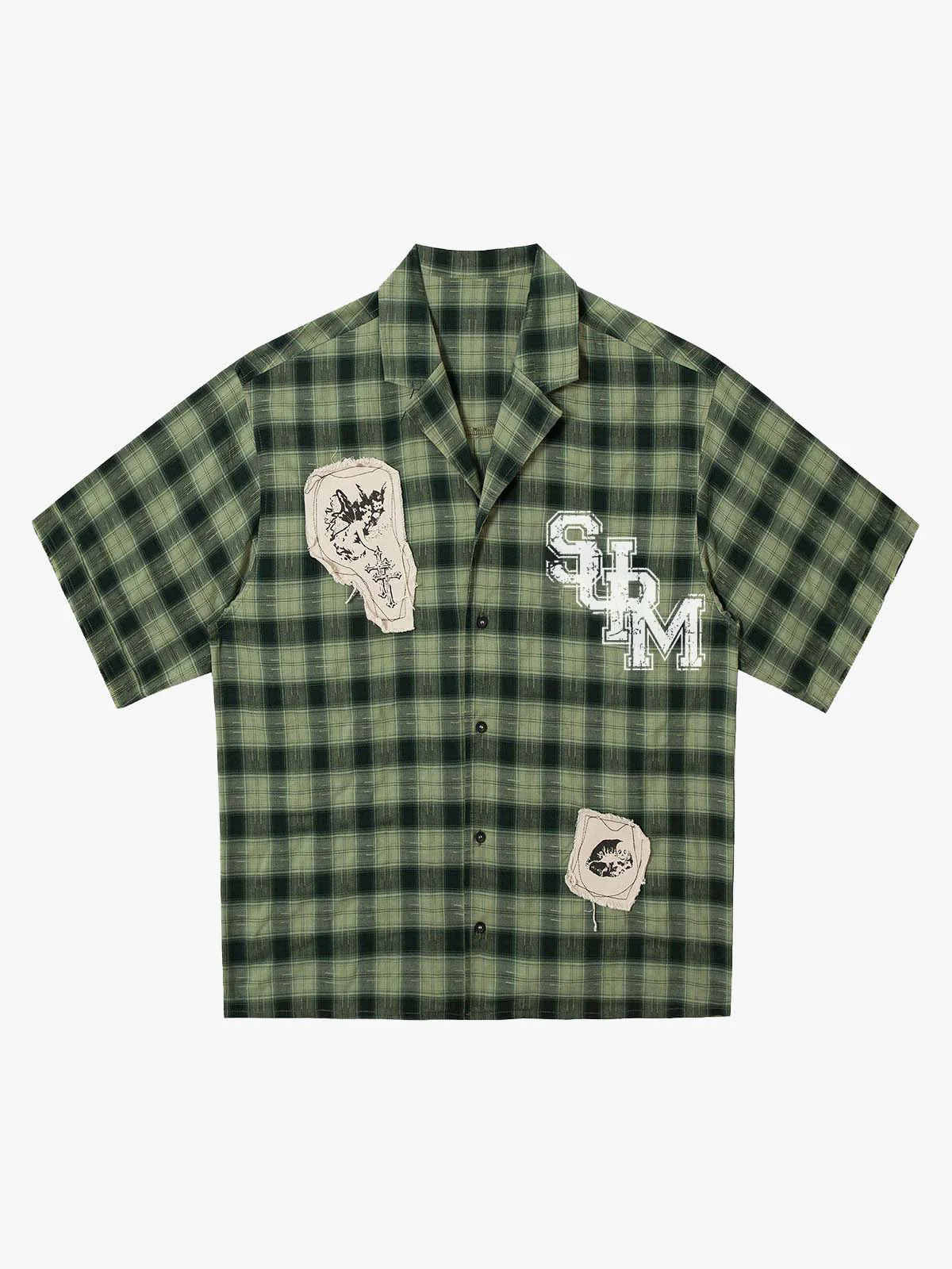 Plaid Applique Printed Short Sleeve Shirt - 2463 - Image 3