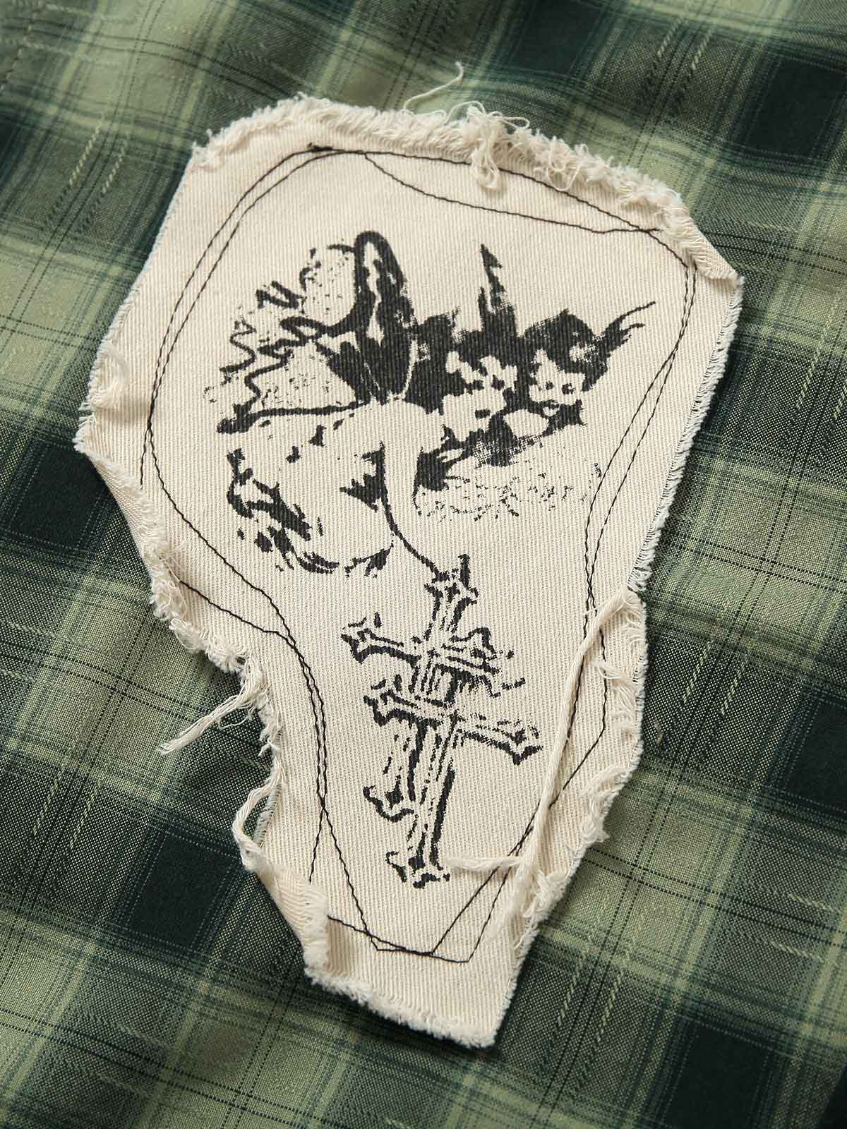 Plaid Applique Printed Short Sleeve Shirt - 2463 - Image 5